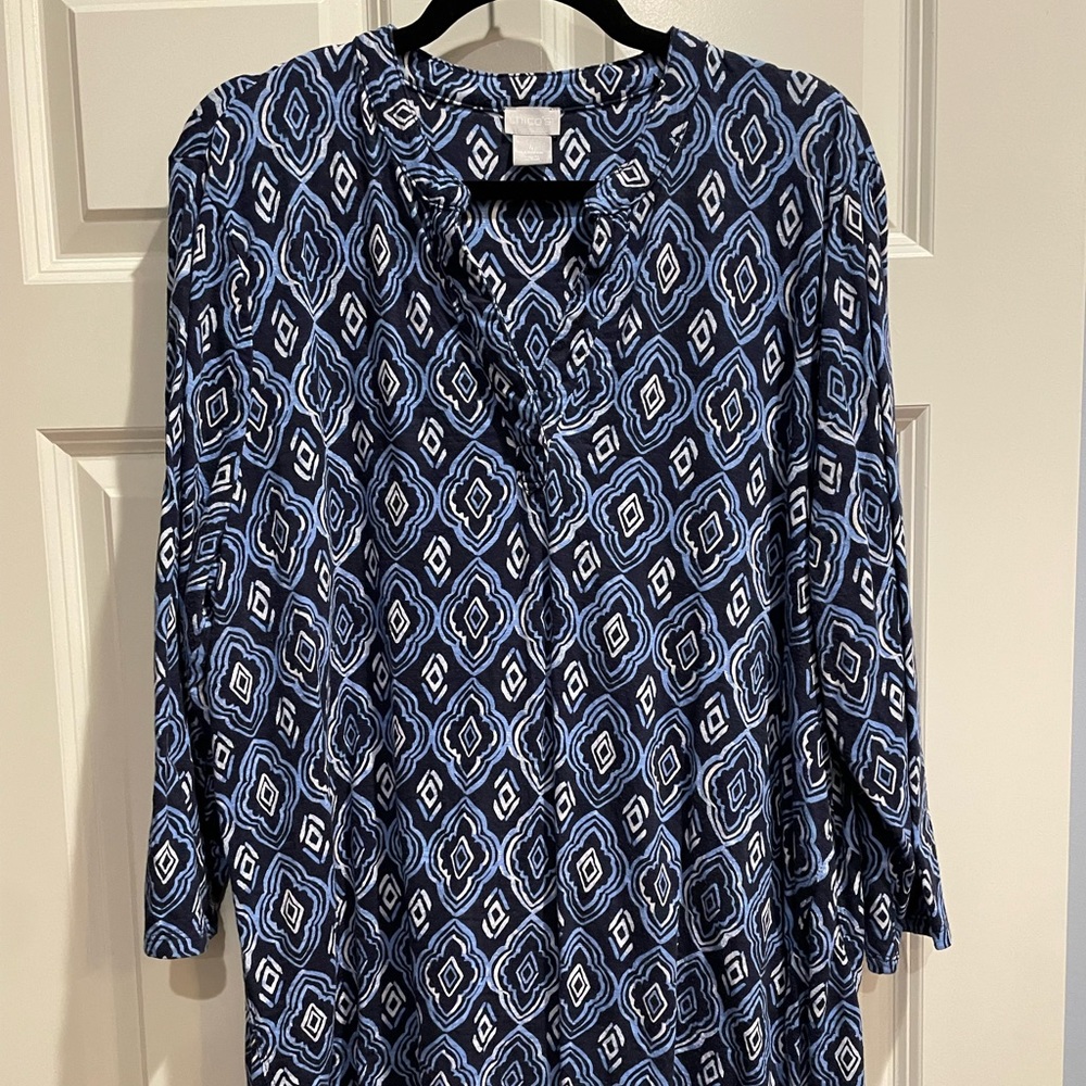 Chico’s Diamond Cotton-Slub Tunic, Size 4(XXL) Blue/White